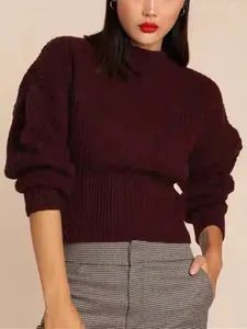 Suéter feminino meia gola alta crochê malha pulôver 2023 outono 3 cores all-match senhoras manga bufante suéter curto fino