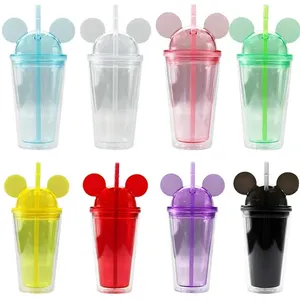 8 colors 15oz Acrylic tumbler with dome lid plus straw double Wall Clear Plastic Tumbler with Mouse Ear Reusable cute drink cup lovely FY4301 1030