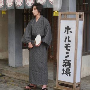 Ethnic Clothing 2023 Kimono Men Samurai Yukata Black Gray Check Robe Japanese Traditional Style Casual Simple Fashion Streetwear Homeware
