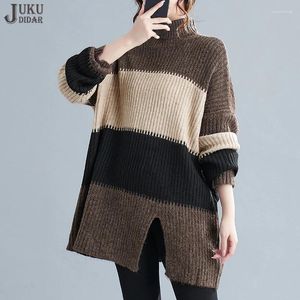 Kvinnors tröjor bruna svart lapptäcke turtleneck koreansk stil kvinna hipster stickade tröjor tröja lös passform casual vinter jjswt16