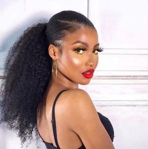Mogolian Afro Kinky Curly DrawString Ponytail Human Hair Extensions Sleek 4C Remy Long Kinky Straight Clip in Horsetail Black Brown 140G African American 22 -tums
