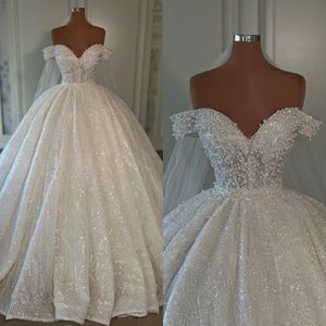 Luxury Crystal Ball Gown Wedding Dresses Off Shoulder Sequins Beads Pearls Wedding Dress Sweep Train bridal gowns