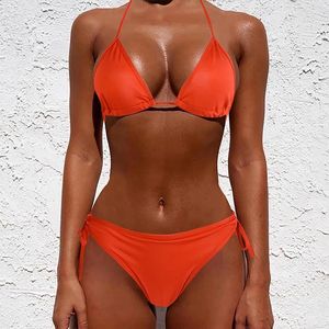 Kobiety stroju kąpielowego 2023 Summer Solid Beach Swimsuit Swimpits for Women Seksowne stringi kantarskie żeńskie zestawy bikini pomarańczowe czerwone żółte