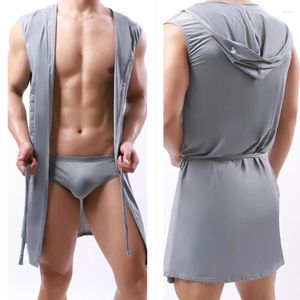 Homens sleepwear homens com capuz roupão briefs conjunto pijama noite robe vestido vestido masculino gelo seda camisola quimono roupões casa homens