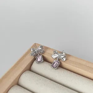 Stud Earrings 2023 Arrival Trendy Lovely Pink Bow Dangle For Women Fashion Cute Sweet Crystal Jewelry Girl Gifts