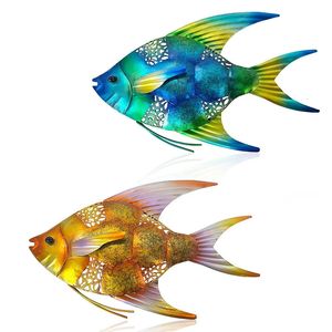 Decorative Objects Figurines 2Pcs Metal Fish Wall Art for Home Decor Wall Sculpture Statue Indoor Outdoor Decoration of Pool Patio Living Room Bathroom 231030