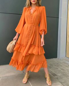 Casual Dresses Cutubly Orange Going Out for Women Club 2023 Sexig Lantern Sleeve Lace Up Tiered Ruffle Slitklänning Löst parti Vestidos