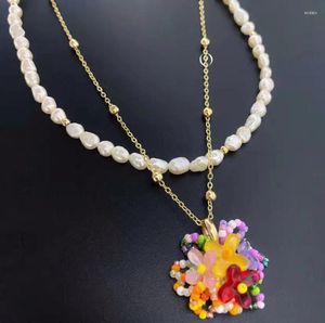 Conjunto de brincos de colar original lindo estilo jardim natural pérola flor frisada corrente de clavícula feminina