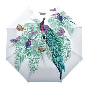 Regenschirme Farbe Pfau Schmetterling Grün Blatt Kreative Regenschirm Regen Frauen Automatische Drei Falten Winddicht Sonnenschirm Parapluie