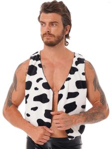 Men's Vests FEESHOW Men Cow Printed Flannel Waistcoat Tops Fancy Dress Ball Costume Open Front V Neck Sleeveless Vest Shirts
