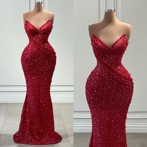 Sexy Red Mermaid Evening Dresses Sequins Sweetheart Pleats Party Prom Dress Sweep Train Pleats Long Dress for special occasion