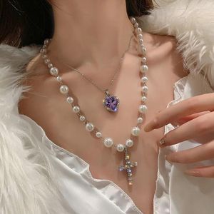 Hänghalsband MWSONYA Trend Long Pearl Cross för kvinnor dubbelskikt Purple Heart Crystal Statement smycken