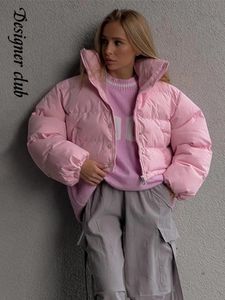 Mulheres para baixo parkas doce rosa com zíper jaqueta de algodão curto para mulheres chique gola único breasted engrossar acolchoado 2023 inverno senhora moda casaco 231027