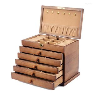 Sacchetti per gioielli Cassetto Scatola Organizzatore di stoccaggio Stile cinese Legno di pino Orecchini per collana in legno massello di lusso di grande capacità e alta capacità