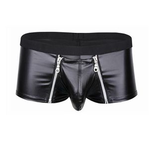 Cuecas dos homens lingerie de couro falso roupa interior bulge bolsa com fecho de zíper duplo boxer briefs baixo aumento sexy masculino panties235j