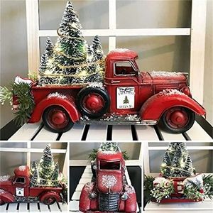 Dekorativa föremål Figurer Jul Truck Red Farm Decoration Vintage Metal Pickup Car Model With Trees For Home Decorations 231030