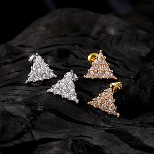 Ice Out Gold Triangle Earrings Men's Stud Fashion Hip Hop Jewelry Silver Color Geometric Trendy