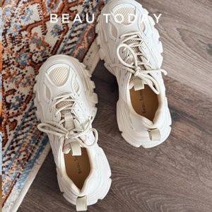 SURET Buty Beautoday Chunky Sneakers Kobiety oryginalny skórzany patchwork okrągły stóp koronki grube podeszwy damskie ręcznie 29448 231030