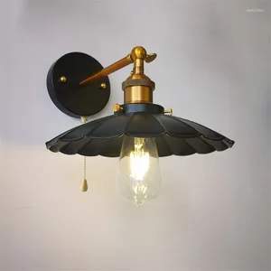 Wall Lamp Pull Switch Black Color Loft Industrial Lamps Vintage Bedside Light Metal Lampshade E27 Edison Bulbs 110V/220V