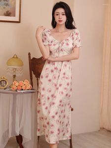 Mulheres sleepwear francês princesa camisola pijamas mulheres seda verão manga curta lace-up rosa impresso fada babados doce vestido de noite