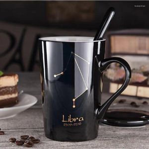 Mugs 12 Constellations Black And Gold Bone China Porcelain Coffee Milk Mug With Stainless Steel Spoon Zodiac Ceramic Cup 400ML