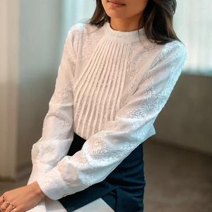 Women's Blouses Korean Long Sleeve Stand Collar Blouse Fashion Women Vintage White Lace Shirt Woman Loose Crochet Casual Top Blusa Elegant