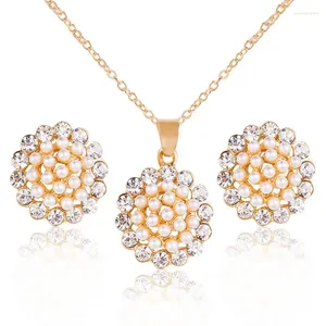 Necklace Earrings Set Women Fashion Rhinestone Flower Pendant Wedding Bridal