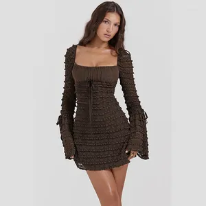 Casual Dresses Clinkly Drawstring Ties Detail Sexy Floral Lace Mini Dress Outfits For Women Club Party Rich Brown Flare Sleeve