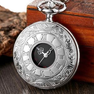Pocket Watches antika romerska siffror kvarts fob titta på män kvinnor sliver ihålig fall steampunk vintage hänge med kedjegåvor