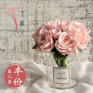 Decorative Flowers Living Room Fake Artificial Rose Silk Flower Glass Vase Small Pot Ornament Arrangement Dried