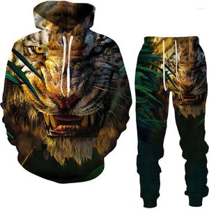 Erkeklerin Takipleri İlkbahar ve Sonbahar Hoodie Seti 3D Baskılı Orman Tiger Moda Sıradan Spor Erkekler Sokak Giyim Pantolon
