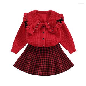 Set di abbigliamento Bambini Ragazze Primavera Autunno Abito elegante Manica lunga Bottone lavorato a maglia Cardigan e set casual gonna a trapezio scozzese