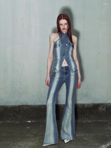 Spodnie damskie ciężkie rzemiosło retro gradient dżinsowy kamizelka top Flear Dwuczęściowe mody uliczne spodnie osobowości