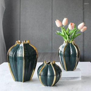 Vase 1PC Nordic Light Luxury Gilt-Edged Countop Pumpkin Shape Ceramic Vase Creative Green/Orange Home Living Room装飾