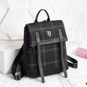 Wholesale factory ladies shoulder bag street personality rivet punk backpack outdoor leisure leather backpacks vertical large capacity plaid handbag 5381#