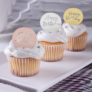 Suprimentos festivos 5 pçs rosa ouro prata círculo espelho bolo topper acrílico feliz aniversário cupcake inserção cartão para festa sobremesa decoração