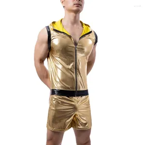 Herrspårar 2st/sets sexiga män guld pu läder underskjortor ärmlös fitness blixtlås huva väst porr shorts byxor latex klubbkläder