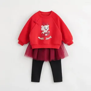 Kleidungssets MARCJANIE Mädchen National Tide Little Dragon Sweatshirt Mesh Rock und Hosen Set für den Winter 232086