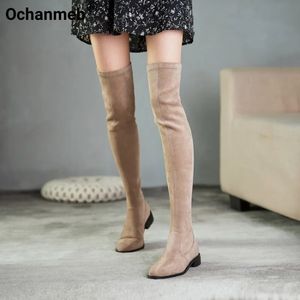 Botas Ochanmeb Mulheres Nude Stretch Camurça Overknees Outono Baixo Salto Coxa Alta Slipon Mulher Inverno Preto Redondo Toe Sapatos 43 231030