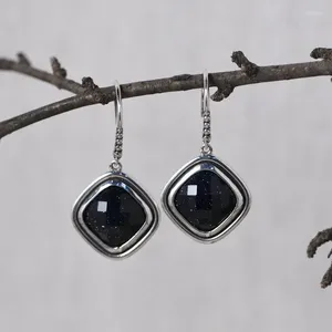 Dingle örhängen FNJ Square 925 Silver Original Pure S925 Sterling Drop Earring for Women Jewelry Black Stone Shajing