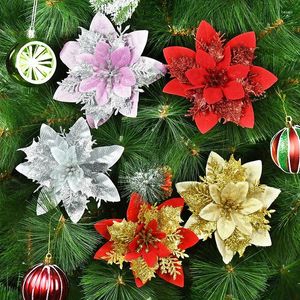 Fiori decorativi 5 pezzi 14 cm glitter natalizi in seta artificiale fiori finti ornamenti per alberi di Natale per la decorazione allegra dell'anno domestico