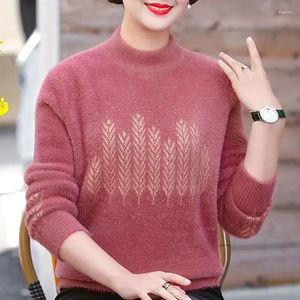 Women's Sweaters Autumn Winter Casual Ear Of Rice Knitted Jumpers Clothing Half High Collar Commute Loose Stylish Diamonds