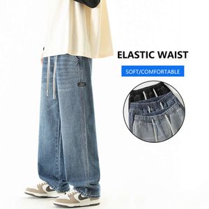 Män s baggy wide ben jeans mode streetwear höst vintage tvättad whiskered elastisk midja casual denim byxor koreansk svart blå