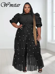 Sukienki imprezowe WMSTAR Plus Size Sukienka Pearl Puff Short Sleeve Mesh Patrz przez Maxi Sexy Szyfonowy Hurtowa kropla