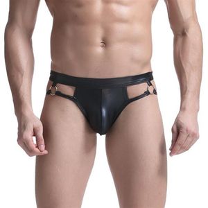 Mäns G-strängar Summer Mens Underwear Appeal Underwear Men Pu Patent Leather Briefs Sexy Open Crotch Exposed PP Hollow Metal 325w