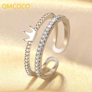 Кольца кластера QMCOCO серебряного цвета, Корея, элегантная простая циркониевая корона, двухслойный дизайн, регулируемое женское кольцо INS, стильные ювелирные аксессуары