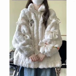 Jaquetas femininas estilo preppy doce arco macio casaco de lã de cordeiro roupas de inverno mulheres grossas moda gola solta casual todos os jogos