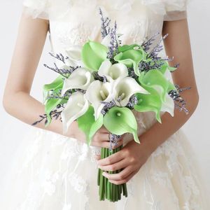 Decorative Flowers Wedding Bridal Bouquet With Green White Calla Lily Artificial Latex Real Touch
