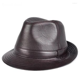 Berretti Uomo in vera pelle di alta qualità Jazz Fedora Gentleman Pelle di mucca Tesa corta Nero / Marrone Cappello a cilindro aderente anca Maschio Spettacoli Topper