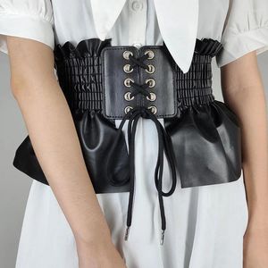 Belts Women's Wide Elastic Waist Black Faux Leather Stretch Corset Cincher Waistband Lace Up Tied Waspie Belt Dress Accessories
